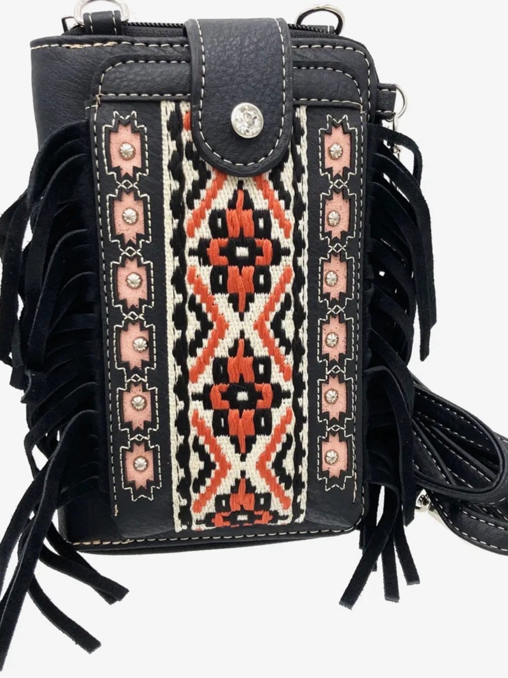 Fringed Crossbody Phone Bag with Tribal Embroidery - Black & Pink